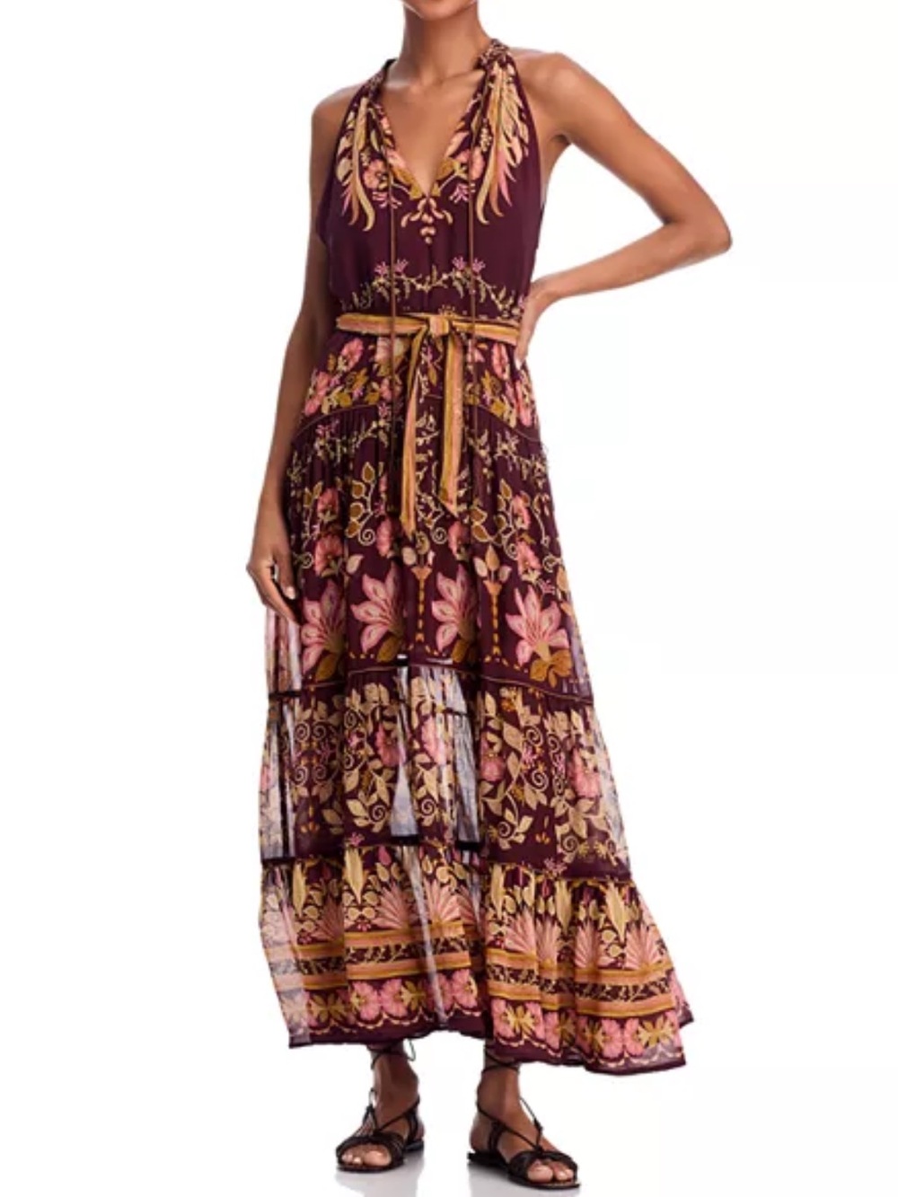 FARM Rio Sz M maxi Dress Bella Burgundy Tiered Boho Western Retro Hippie Fall
